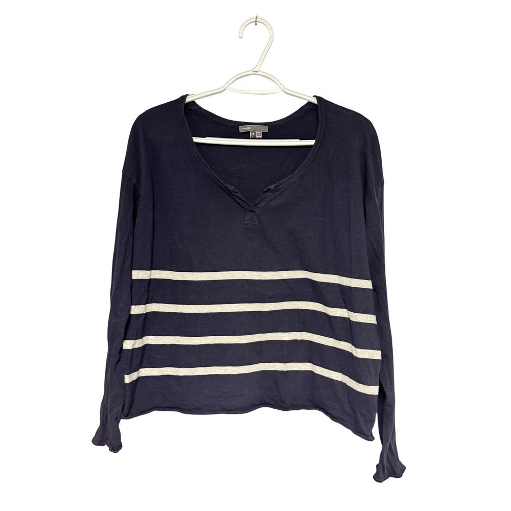 Vince Navy Blue Grey Striped Cotton‎ Long Sleeve Split V-Neck Top Womens Medium